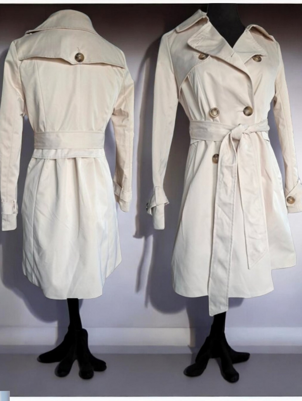 NWT R.J. STORY (SM) Off White/Creme Double Breasted Tie Spring/Rain Coat